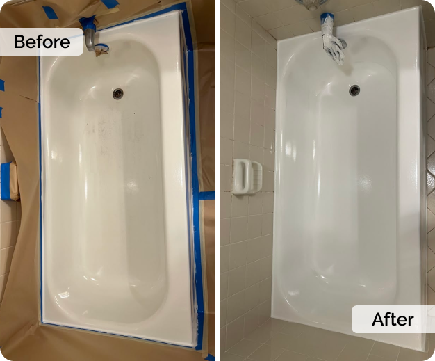 Before and after bathtub refinishing showing a worn bathtub restored with a smooth high-gloss white finish