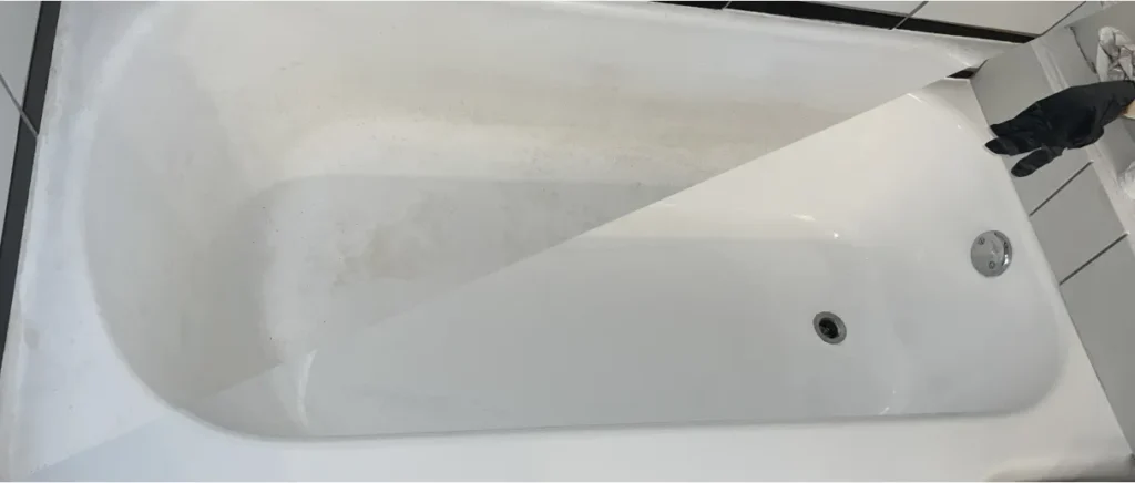 Before and after bathtub refinishing showing a stained worn tub transformed into a smooth high-gloss white finish